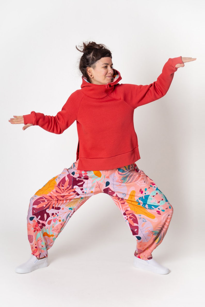 Sweat à capuche rouge et pantalon ballon pour femme, pantalon et sweat à capuche, pantalon et chemise en coton, ensemble de 2 femmes streetwear, pantalon coloré image 6