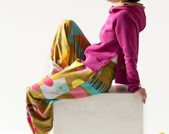 Frambozenroze hoodie en ballonbroek voor dames, broek en sweatshirt met capuchon, 2-delige outfit voor dames, dames casual outfit.