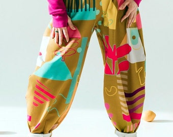 Pantalon ballon GANI, imprimé intégral, pantalon à motif abstrait pour femme, sarouel, pantalon large pour femme active, pantalon ample en coton