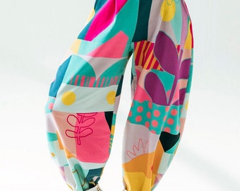 CZANI Pantalon ballon, imprimé intégral, pantalon à motif abstrait pour femme, sarouel, pantalon large pour femme active, pantalon ample en coton