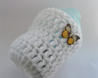 White Baby Bottle Cosy with Decorated Butterfly Wooden Button