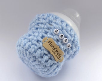 Crocheted Baby Blue Milk Bottle Sleeve, Personalized Gift for Newborn, Bespoke Gift Ideas for Babyshower