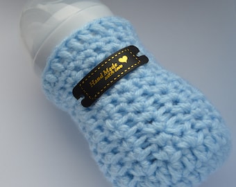Baby Blue Textured Milk Bottle Insulator, Crochet Baby Bottle Cosy, Limited Edition Unique Gift Ready to Ship