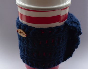 Blue Travel Cup Sleeve with a Hand Warmer Attached Washable Reusable Mug Cosy Handmade By BBKits