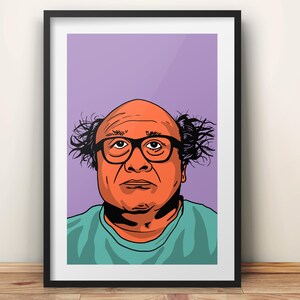 May include: A digital illustration of a man with orange skin, black hair, and glasses. He is wearing a teal shirt and has a purple background.