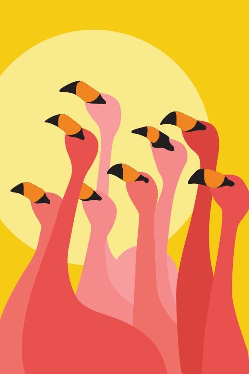 Flamingo Print, Flamingo Wall Decor, Tropical Birds, Beach House Decor, Beach Art, Florida Art, Pink Flamingo Art, Colorful Art, Pixelken. 7"x9" inches