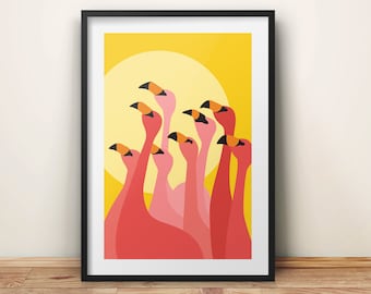 Flamingo Print, Flamingo Wall Decor, Tropical Birds, Beach House Decor, Beach Art, Florida Art, Pink Flamingo Art, Colorful Art, Pixelken.