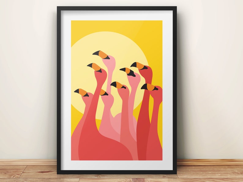 May include: A digital illustration of a group of pink flamingos with black beaks and eyes, standing in a yellow background with a large yellow circle in the background.