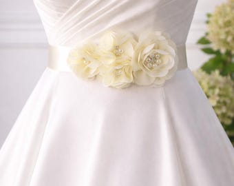 JULIA Ivory Bridal Sash - Chiffon Flower Sash with Pearls & Rhinestones | Wedding Dress Belt | Bridesmaid Sash | Plus Size Bridal Accessory
