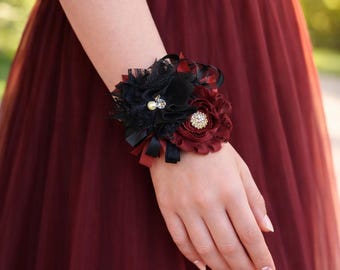 Keepsake Chiffon Lace Wrist Corsage & Boutonniere Set, Reusable Prom Corsage, Custom Colors, Rhinestone Elastic Wristlet, Burgundy Black