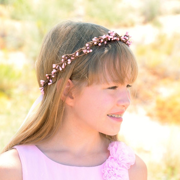 Rustic Pink Twig Crown | Bridal Flower Girl Wedding Halo Boho Hair Accessory | Woodland Berry Wreath | Pip Berries Bridesmaid Crown Ribbon