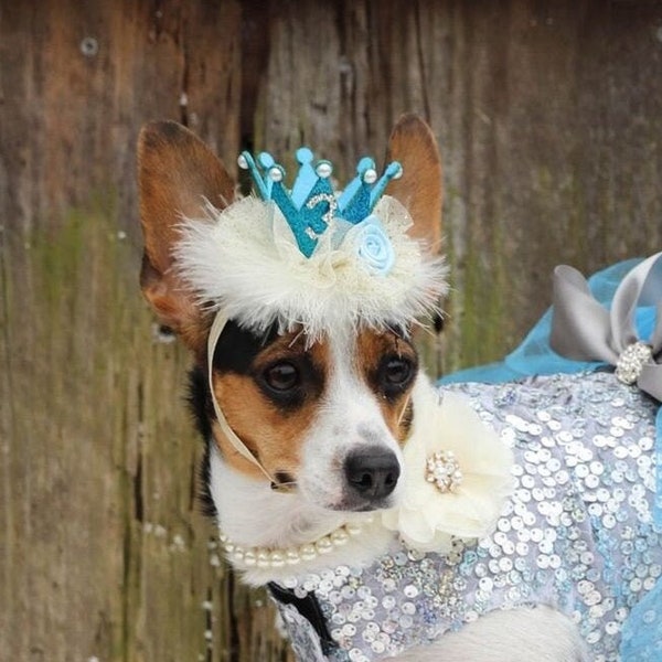 Dog Puppy Birthday Glitter Tulle Crown Headband - Turquoise Ivory Light Blue Elastic Headband 1st 2nd 3rd 4th 9th Birthday Number Tiara Hat