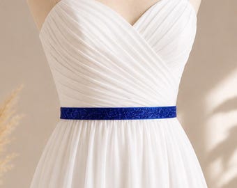 Royal Blue Glitter Elastic Belt - Custom No Shed Shimmer Sparkle Waist Belt for Bridal, Bridesmaids, Flower Girls, Prom & Party Dresses