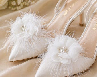 Elegant White Bridal Shoe Clips - Wedding, Bridesmaid, Mother of the Bride, Prom - Custom Colors Available - Flower Feather Shoe Clips