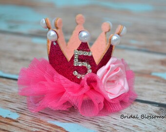 Birthday Glitter Tulle Crown Bow Headband OR Hair Clip 1st 2nd 3rd 4th Birthday Number Tiara Elastic Headband Gold Pink White Pearl
