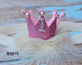 Birthday Glitter Tulle Crown Bow Headband OR Hair Clip 1st 2nd 3rd 4th Birthday Number Tiara Elastic Headband Gold Pink White Pearl
