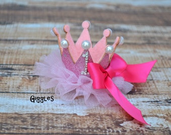 Birthday Glitter Tulle Crown Bow Headband OR Hair Clip 1st 2nd 3rd 4th Birthday Number Tiara Elastic Headband Gold Pink White Pearl