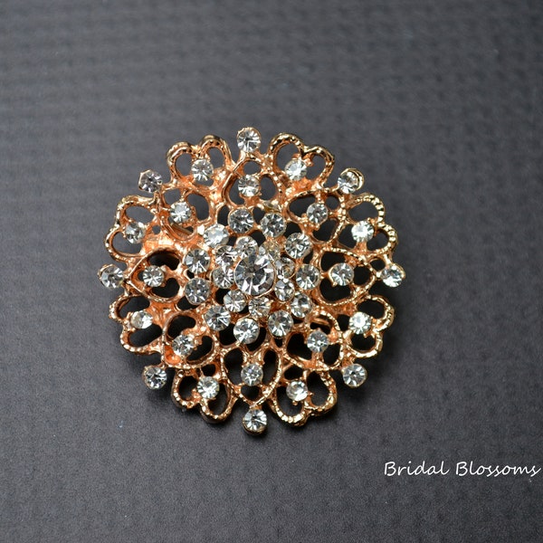 Gold Rhinestone Round Brooch Embellishment 1.5" | Bouquet Supplies | Accessory Pin | Bridal Party Gift | Wedding Prom Rose Gold