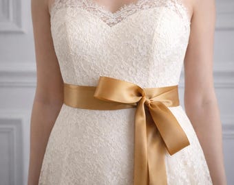 Antique Gold Elegant Double-Faced Ribbon Bridal Sash - Custom Color Belt for Wedding Dress, Bridesmaids, or Flower Girl Antique Gold Elegant Double-Faced Ribbon Bridal Sash - Custom Color Belt for Wedding Dress, Bridesmaids, or Flower Girl