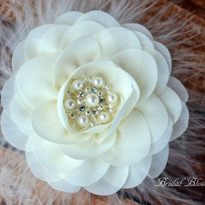 BEST SELLER - Ivory Chiffon Flower Hair Clip | Vintage Inspired Bridal Hair Piece | Fascinator | Flower Girl Feathers Pearl Rhinestone