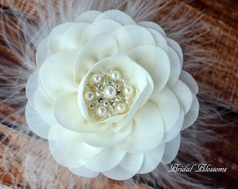 BEST SELLER - Ivory Chiffon Flower Hair Clip | Vintage Inspired Bridal Hair Piece | Fascinator | Flower Girl Feathers Pearl Rhinestone