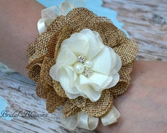 Ivoire Fleur de jute naturelle Poignet Corsage | | de mariage rustique Pays | Mère de la mariée | Flower Girl | | de bal Corsage d’automne