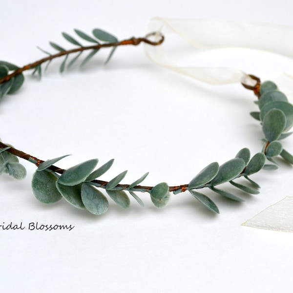 Eucalyptus Green Leaf Wreath Crown | Bridal Flower Girl Wedding Halo Boho Hair Accessory | Natural Woodland Wreath Bridesmaid Greenery Hair