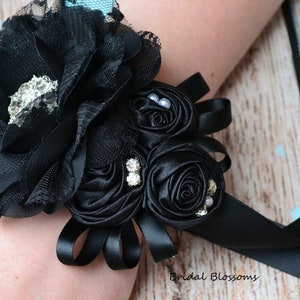 Black Flower Wrist Corsage Boutonniere | Vintage Inspired Wedding | Chiffon Satin Rolled Roses | Bridal Shower Prom Homecoming Jewels Pearls