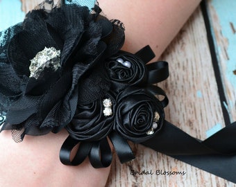 Black Flower Wrist Corsage Boutonniere | Vintage Inspired Wedding | Chiffon Satin Rolled Roses | Bridal Shower Prom Homecoming Jewels Pearls