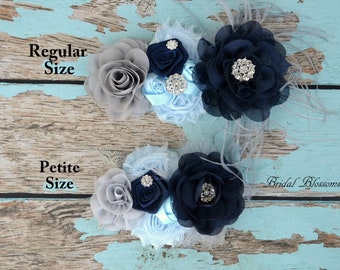 Gray Navy Blue Flower Maternity Sash: Rhinestone Baby Shower
