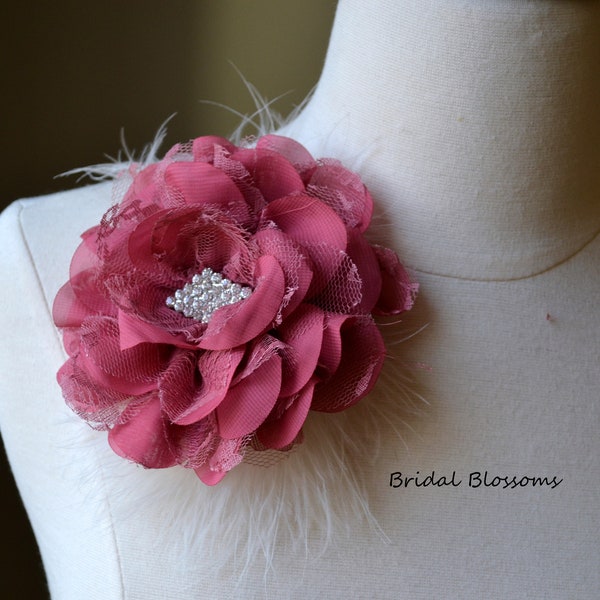 Large Vintage Inspired Chiffon Lace Brooch | Wedding Dress Rhinestone Brooch | Clutch Purse Flower | Mauve Bridal Pin Corsage Dark Pink