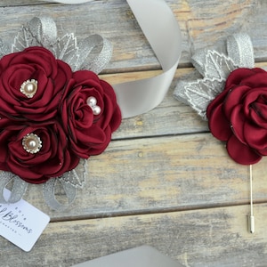 Burgundy Silver Gray Flower Wrist Corsage | Wedding Flowers | Satin Singed Roses | Homecoming Bridal Baby Shower Prom Dark Red Maroon