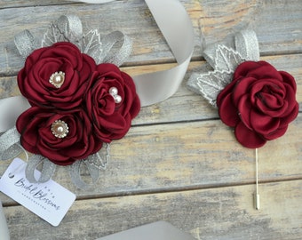 Burgundy Silver Gray Flower Wrist Corsage | Wedding Flowers | Satin Singed Roses | Homecoming Bridal Baby Shower Prom Dark Red Maroon