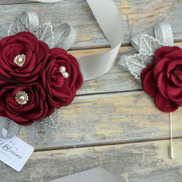 Burgundy Silver Gray Flower Wrist Corsage | Vintage Inspired Wedding | Satin Singed Roses | Mother of Bride | Bridal Baby Shower Prom