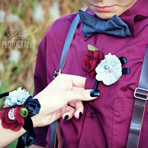 Burgundy Black Gray Chiffon Satin Flower Wrist Corsage | Vintage Inspired Wedding | Boutonniere Set | Prom Homecoming Flowers Bout Dark Red