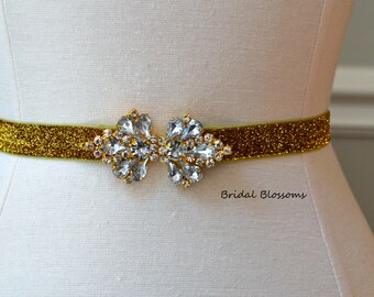 Gold Shimmer Skinny Elastic Belt With Rhinestone Buckle  display picture 1