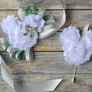 Mickey Minnie Mouse White Sage Green Silver Chiffon Flower Wrist Corsage Boutonniere Set | Disney Wedding | Prom Baby Shower Anniversary