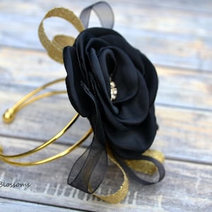 Black Gold Flower Wrist Corsage Cuff Bracelet & Boutonniere | Vintage Inspired Wedding | Satin Roses | Bridal Shower Prom Homecoming