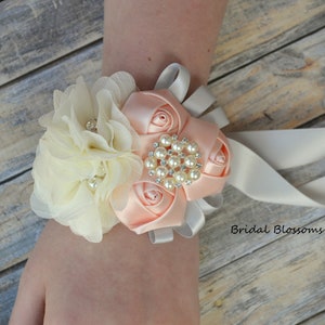 Blush Ivory Gray Flower Wrist Corsage | Vintage Inspired Wedding | Chiffon & Satin Rolled Roses Mother of Bride Bridal Baby Shower Prom