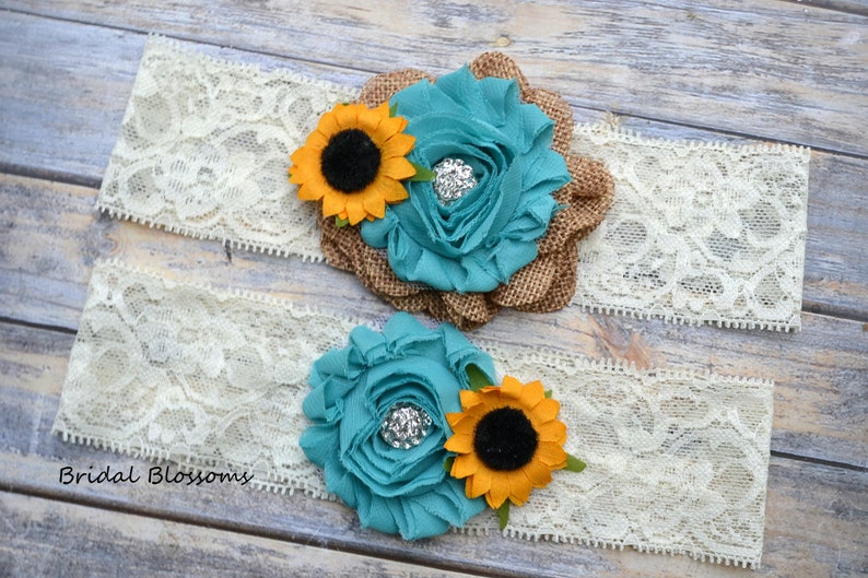 Ivory Turquoise Tan Burlap Sunflower Bridal Garter Set Chiffon Flower Garters Wood Rustic Country Wedding Stretch Lace Plus Size image 1