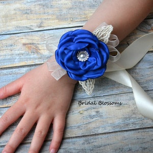 Child Royal Blue Ivory Flower Wrist Corsage | Vintage Inspired Wedding Satin Singed Roses Gold Leaf Baby Shower Prom Kid Girl Children