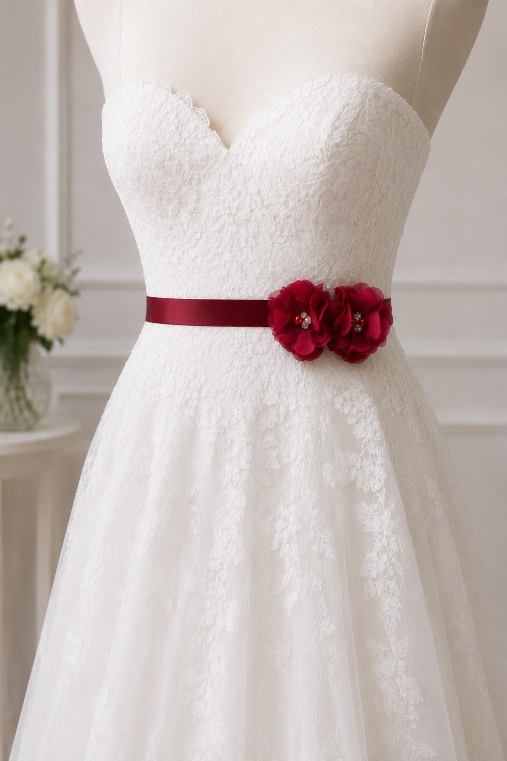 white wedding dress with burgundy sash BELLA Maroon Vintage Inspired Bridal | Chiffon Flower Sash | Bridal Belt Ribbon | Bridesmaids Child Girl Sashes Long sleeve