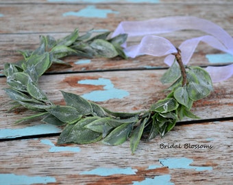 Green Leaf Wreath Crown | Bridal Flower Girl Wedding Halo Boho Hair Accessory | Natural Woodland Wreath Bridesmaid Greenery Hair Olive