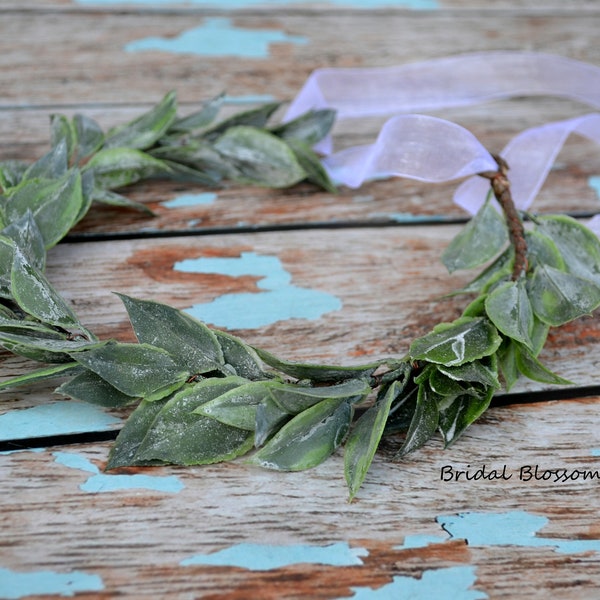 Green Leaf Wreath Crown | Bridal Flower Girl Wedding Halo Boho Hair Accessory | Natural Woodland Wreath Bridesmaid Greenery Hair Olive