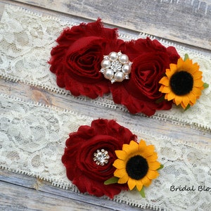 Scarlet Red Ivory Sunflower Pearl Bridal Garter Set | Chiffon Fabric Flower Lace Garter | Pearl Rhinestone Wedding Stretch Lace Plus Size