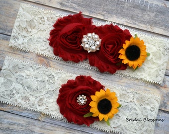 Scarlet Red Ivory Sunflower Pearl Bridal Garter Set | Chiffon Fabric Flower Lace Garter | Pearl Rhinestone Wedding Stretch Lace Plus Size