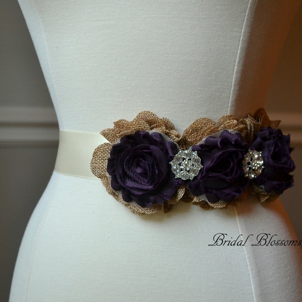 EVERLY Eggplant Burlap Ivory Flower Bridal Sash | Chiffon Flower Wedding Dress Ribbon Belt | Rustic Autumn Fall Rhinestone Tan Brown Burlap