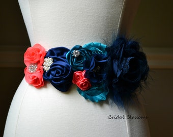 Maternity Sash navy coral sash wedding sash flower Belt Maternity Sash navy coral sash wedding sash flower Belt