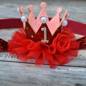 Birthday Glitter Tulle Flower Crown Headband OR Hair Clip - Red - Glitter Elastic Headband - 1st 2nd 3rd 4th Birthday - Tiara Photo Prop