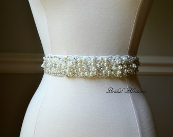 CHARLOTTE Bridal Sash | Pearl Wedding Dress Sash | Bridal Belt | Beaded Applique Sashes | Ribbon | Bridesmaids Bridal Accessories | Ivory D4
